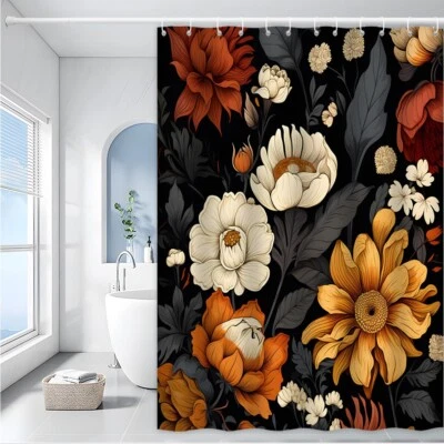 Black Boho Floral Shower Curtain Colorful Vintage Blossom Rustic Bathroom Decor - Image 1 of 4