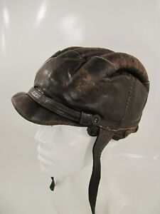 VINTAGE RETRO LEATHER MOTORCYCLE SCOOTER MOTOR RIBBED HELMET HOOD HAT SMALL SIZE