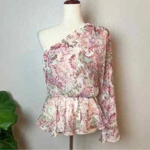 MISA Women's Size L Floral Aurora One Shoulder Bell Sleeve Ruffle Peplum Top - Picture 1 of 11