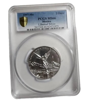 México Libertad 2 Onza 1997 - 2 oz. Plata pura .999 baja colección graduación profesional MS 66 BONITO Foto 1 de 2