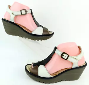 Fly London Yila T-Strap Wedge Sandals White, Black, Brown EU 39 / US 8 - 8.5 - Picture 1 of 13