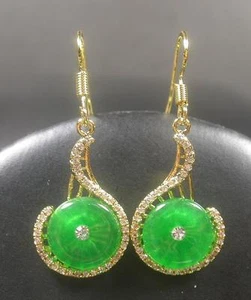Yellow Gold Plate Green JADE Earring Earrings Circle Diamond Imitation 267036 - Picture 1 of 9