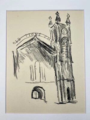 "Dibujo artístico pueblo rural iglesia piedra antigua carbón carbón 14x11"" mate de colección" Foto 1 de 4