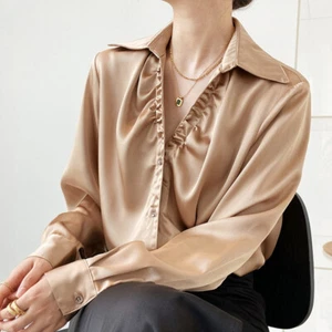 Satin Femmes Haut Chemisier Froufrou Col V Long Manche Affaires Bureau Travail - Picture 1 of 15