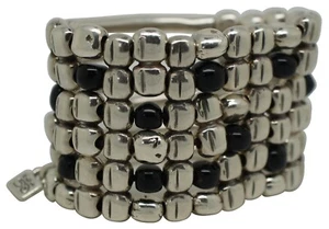 Vintage Uno de 50 Silver & Black Wide Beaded Stretch Cuff Bracelet Bangle - Picture 1 of 11