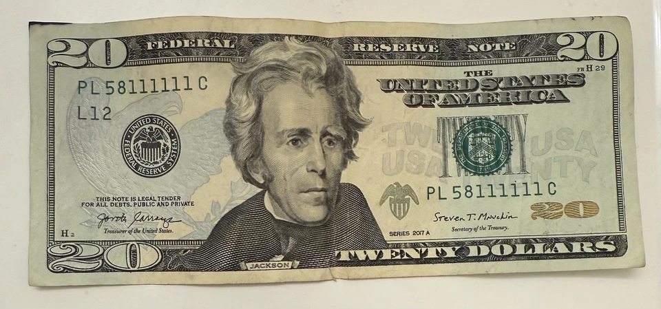 Número de serie 2017-A 1 PI/C con billete de 20,00 USD de seis 1’s Foto 1 de 3