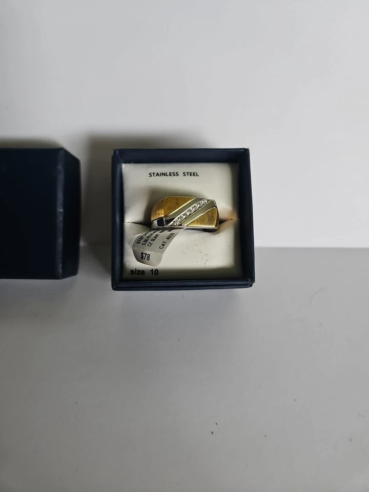 Men's Solid Sterling Silver Slant Ring Size 10.5 CZ 14k Gold Plated 11 Grams