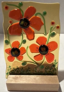 Schmelzglas Handarbeit rechteckig mehrfarbig Blume Sonnenfänger signiert mit Ständer - Bild 1 von 17