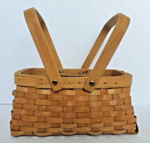 Woven Trapezoid-Shaped Wooden Basket with Two Wooden Handles Loose Weave Bottom - Picture 1 of 7