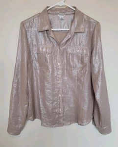 Camisa abotonada con mangas enrollables brillantes doradas de Calvin Klein para mujer talla mediana - Imagen 1 de 9