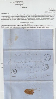 1863 H/S 2 ПОРТСМУТ ПИСЬМО КОРОЛЕВСКИЙ ГОСПИТАЛЬ CHELSEA RE TIMOTHY BRESNAHAN ПРИЗ M - Изображение 1 из 2