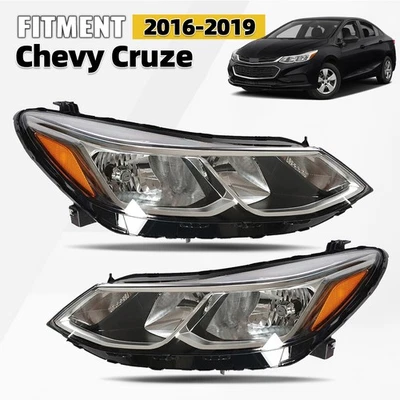 Halogen Headlights For 2016-2019 Chevy Cruze Left + Right Pair w/ Bulbs Chrome - Изображение 1 из 4