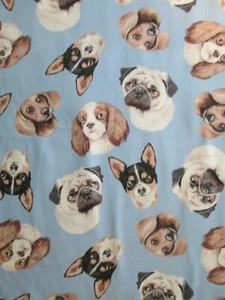 DOG FACES DOG SELFIES REALISTIC PUPPIES BLUE COTTON FABRIC FQ - Picture 1 of 6