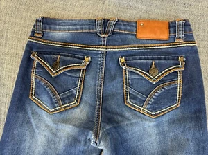 Vigoss Blue Denim Dark Wash Skinny Jeans Girls Size 14 Flap Pocket Thick Stitch - Picture 1 of 7
