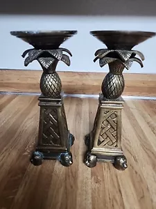 10 Inch Antique Palm Tree Heavy Metal (Brass?) Pineapple Pillar Candle Holder - Picture 1 of 13