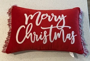 Hobby Lobby Red Pillow with White Merry Christmas Script Fringe 12”x20” - Picture 1 of 5