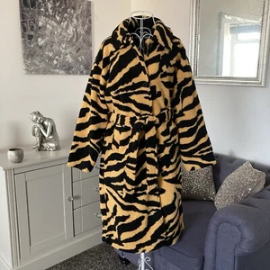 Amber Black Teddy Fur Tiger Print Collared Buttoned Pocketed Belted Long Coat 8P - Picture 1 of 18