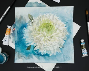 Original White Chrysanthemum Gouache Painting, Colorful Floral Flower Watercolor - Picture 1 of 12