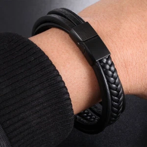 Men Bracelet Gift Jewelry Raided Leather Bracelet Multi-Layer Magnetic Clasp - Picture 1 of 5