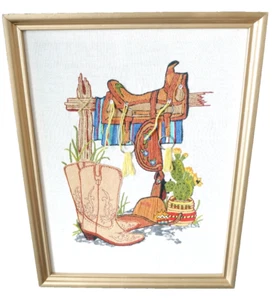 Western Americana Crewel Embroidery Wall Hanging Saddle Boots Cactus 17x13 - Picture 1 of 8