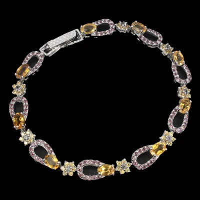 925 Sterling Silver Bracelet Oval Citrine Rhodolite Sapphire Gemstone Jewelry - Image 1 of 4