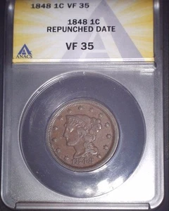 1848 Large Cent, ANACS VF35, Repunched Date, Issue Free - Picture 1 of 3