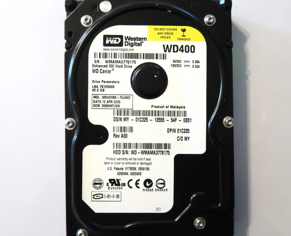 WD WD400BB-75JHC0 DSBHNTJCH (WMAM) Malaysia 40gb IDE/ATA 3.5" HDD 15APR2005 - Image 1 of 1