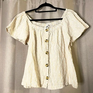 Mini Mango Top White Brown Girls Size 16 Stripe Buttons On Off Shoulder - Picture 1 of 8