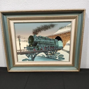 H Hargrove Signed Painting On Canvas Train Exiting Snowy Tunnel onto Bridge - Picture 1 of 12