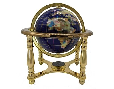 10" Tall Table Top Blue Lapis Ocean Gemstone World Globe with 4 leg Gold Stand - Image 1 of 2