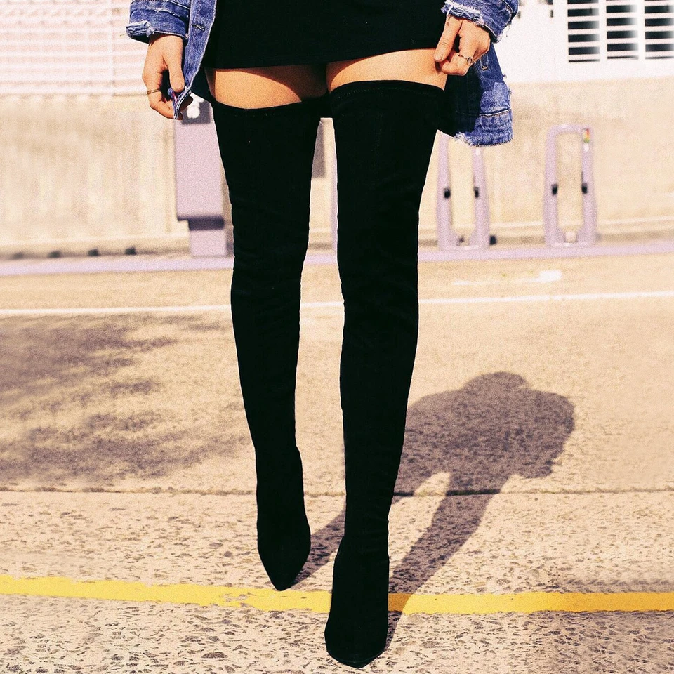 Nuevo Mujeres Punta Punta Punta Sobre la Rodilla Muslo Hasta Bota Tacón de Aguja Tirar Elástico Foto 1 de 1