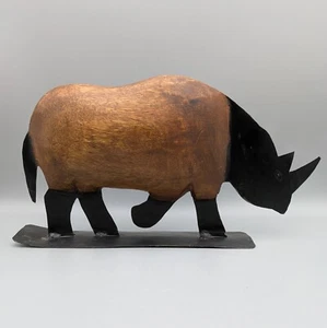 Wood and Metal Rhinoceros Rhino Sculpture 12.5" x 6.75" Primitive Folk Art - Picture 1 of 21