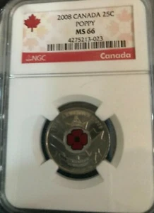 2008 CANADA 25 CENT NGC MS66 UNCIRCULATED POPPY QUARTER WITH COLORIZED POPPY - Picture 1 of 1