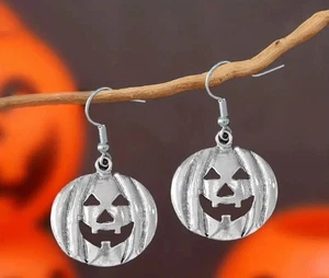 Halloween Jack O 'Laterne/Kürbis Silber Legierung baumelnde Ohrringe Neu mit Etikett - Bild 1 von 4