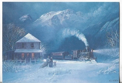 NOS LEANIN' TREE Christmas Card 7.25x5.5 TRAIN Mountains Railroad People Tree - Image 1 of 3