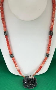 Orange Coral Necklace Vintage 22” One Of A Kind 925 Sterling Flower Statement - Picture 1 of 12