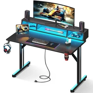 Kids Boys Study Table Computer Gaming Desk with LED Lights & Power Outlets,Black - Picture 1 of 16