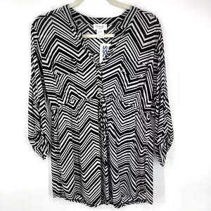 Siren Lily Maternity L Tunic Top Black White Chevron Stripe 3/4 Tab Sleeve - Picture 1 of 6
