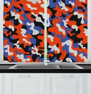 Camouflage Kitchen Curtains 2 Panel Set Window Drapes 55" X 39" by Ambesonne - Picture 1 of 16