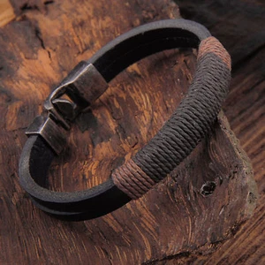 New Surfer Men's Vintage Hemp Wrap Leather Wristband Bracelet Cuff Black Brown - Picture 1 of 16