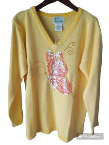 QUACKER FACTORY Womens Yellow Sweater w/ Sequin & Bead Embellishments Sz L NWT - Picture 1 of 9