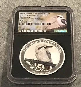 2021P $1 Berlin Virtual WMF Australia Kookaburra Colored 1oz Silver NGC MS70 FR - Picture 1 of 6