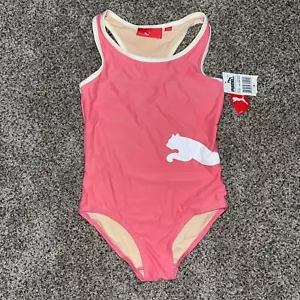 NWT PUMA One-Piece Swimsuit Sz 8 GIRLS Pink w/White PUMA Screen print Swim Team - Picture 1 of 7