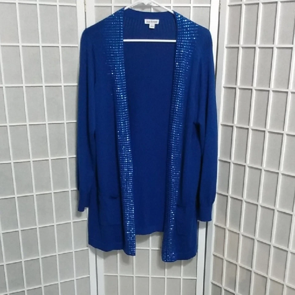 Cárdigan suéter para mujer Joan Rivers azul adornado con lentejuelas talla L Foto 1 de 4