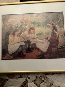 Landkinder werden unterrichtet, Vintage Bild, Metallrahmen ca. 10" x 8" - Bild 1 von 3