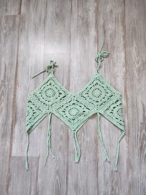 Top Corto Hecho a Mano Crochet Flecos Boho Festival Hippie Verde Menta Tejido Talla L Foto 1 de 4