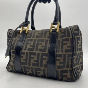 FENDI Hand Bag Tote Purse FF Zucca Canvas Leather Brown Black Authentic - Picture 1 of 24