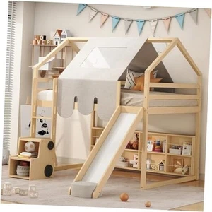 Size Junior Wood Loft Bed with Slide and Storage Shelves, Full Natural+beige - Picture 1 of 8