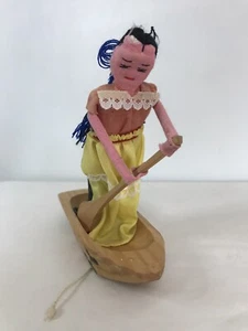 Vintage Mexico Handmade Doll Rowing Action Hand Carved Canoe Pull String - Picture 1 of 11