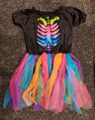 Vestido Esqueleto Arco Iris - Divertido Disfraz para Niñas, Volantes Coloridos - Talla: L Foto 1 de 4